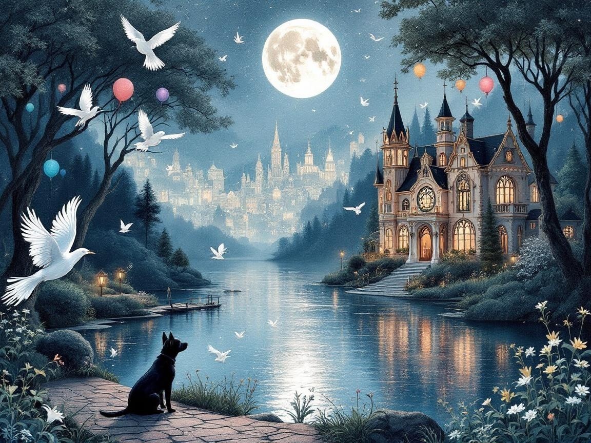 Serene Night Scene with Dog, Castle, and Balloons