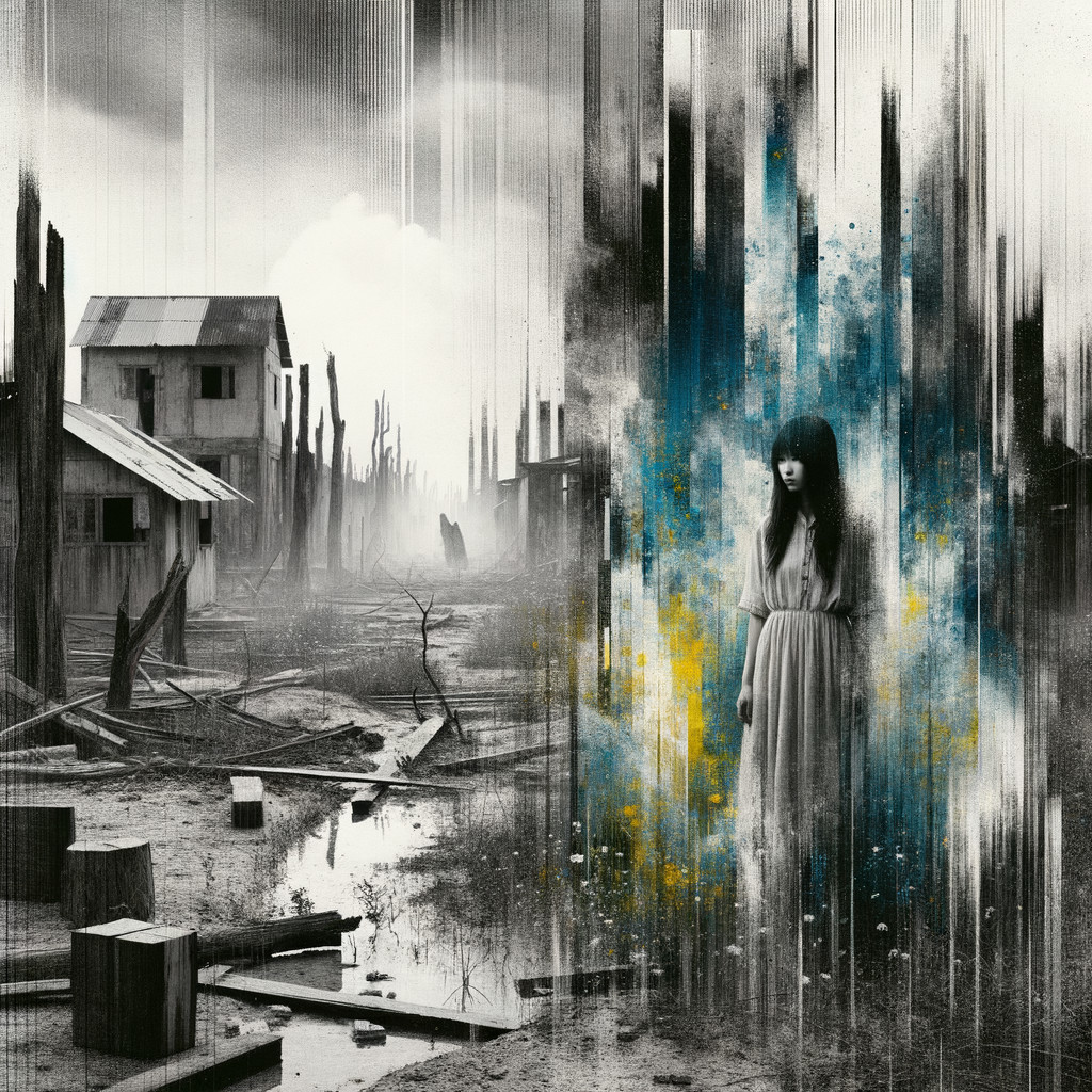 Desolate Landscape with Abandoned Structures and Figure