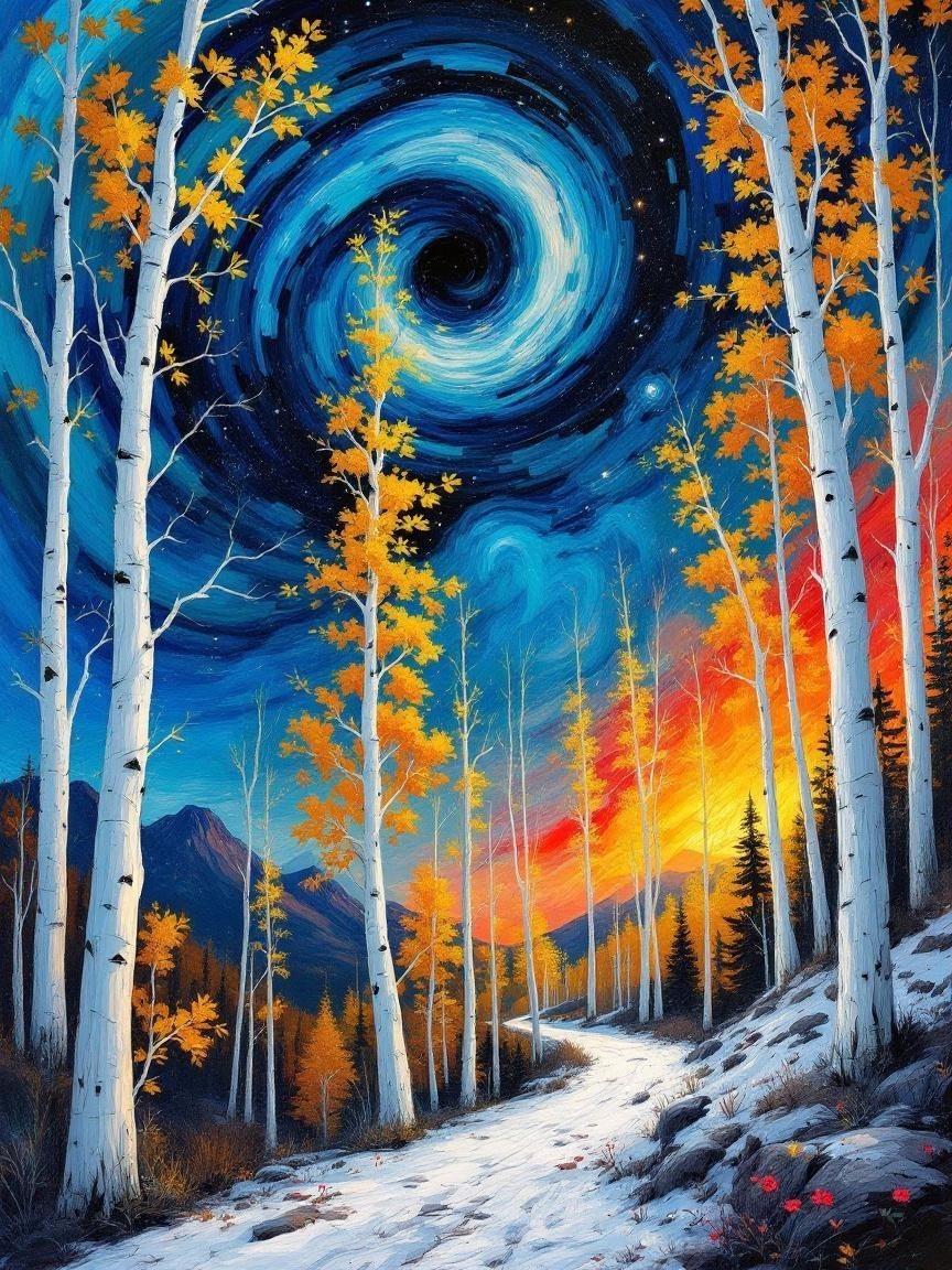 Vibrant autumn landscape with swirling galaxy sky