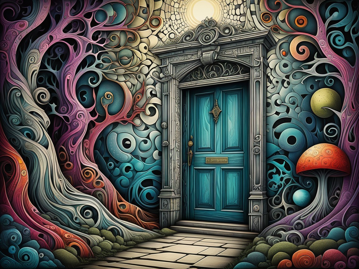 Whimsical Scene with Colorful Door and Vibrant Nature