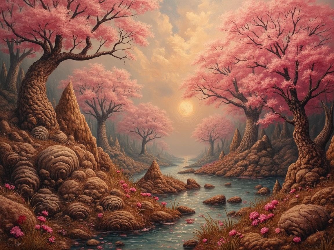 Tranquil Stream and Cherry Blossoms in Sunset Valley