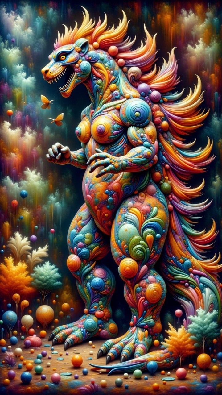 Vibrant Kaiju-Inspired Creature with Surreal Background