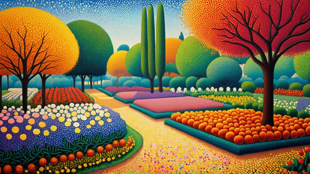 Vibrant Park Scene with Colorful Flowers and Trees