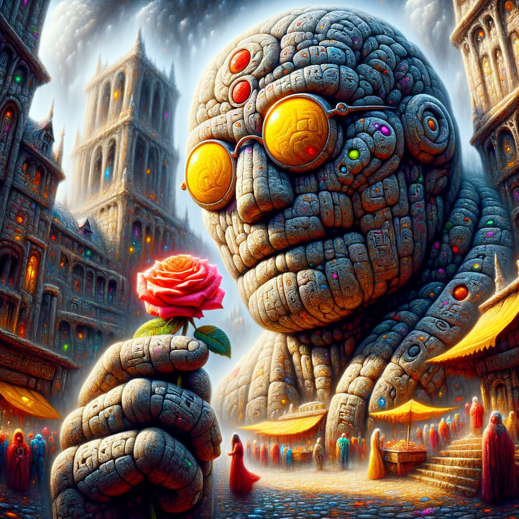 Surreal City with Stone Figure and Gothic Architecture