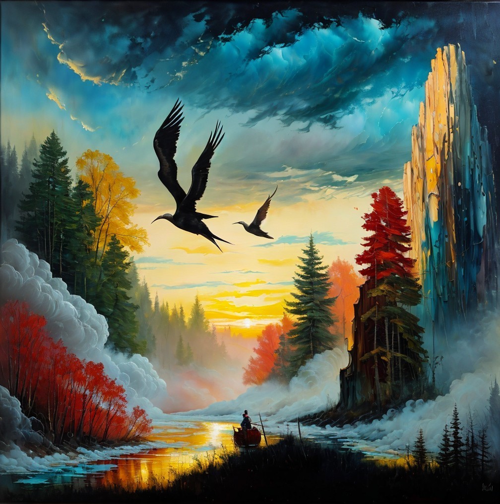 Tranquil River and Autumn Forest Landscape Scene