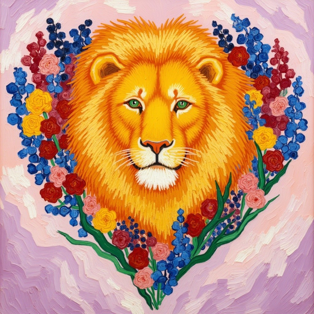 Vibrant Lion's Face Surrounded by Colorful Flowers