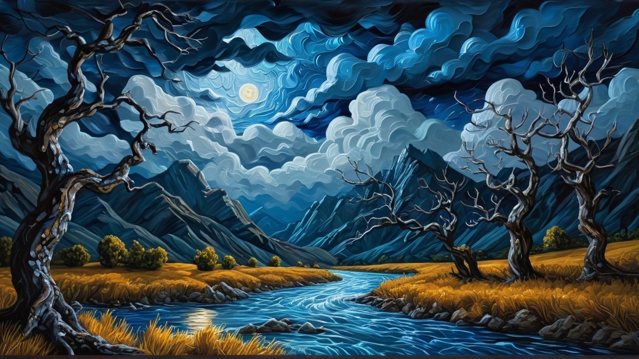 Moonlit Landscape with Mountains and Winding River