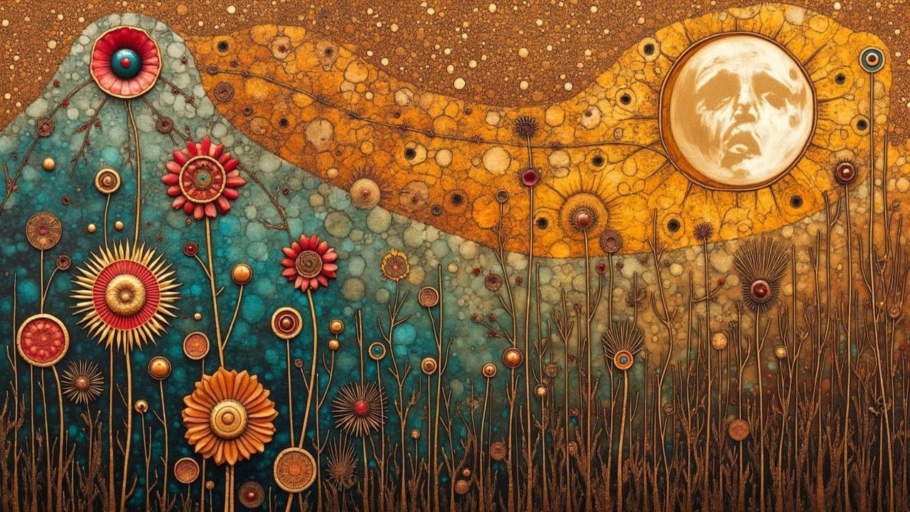 Vibrant landscape with stylized flowers and golden moon