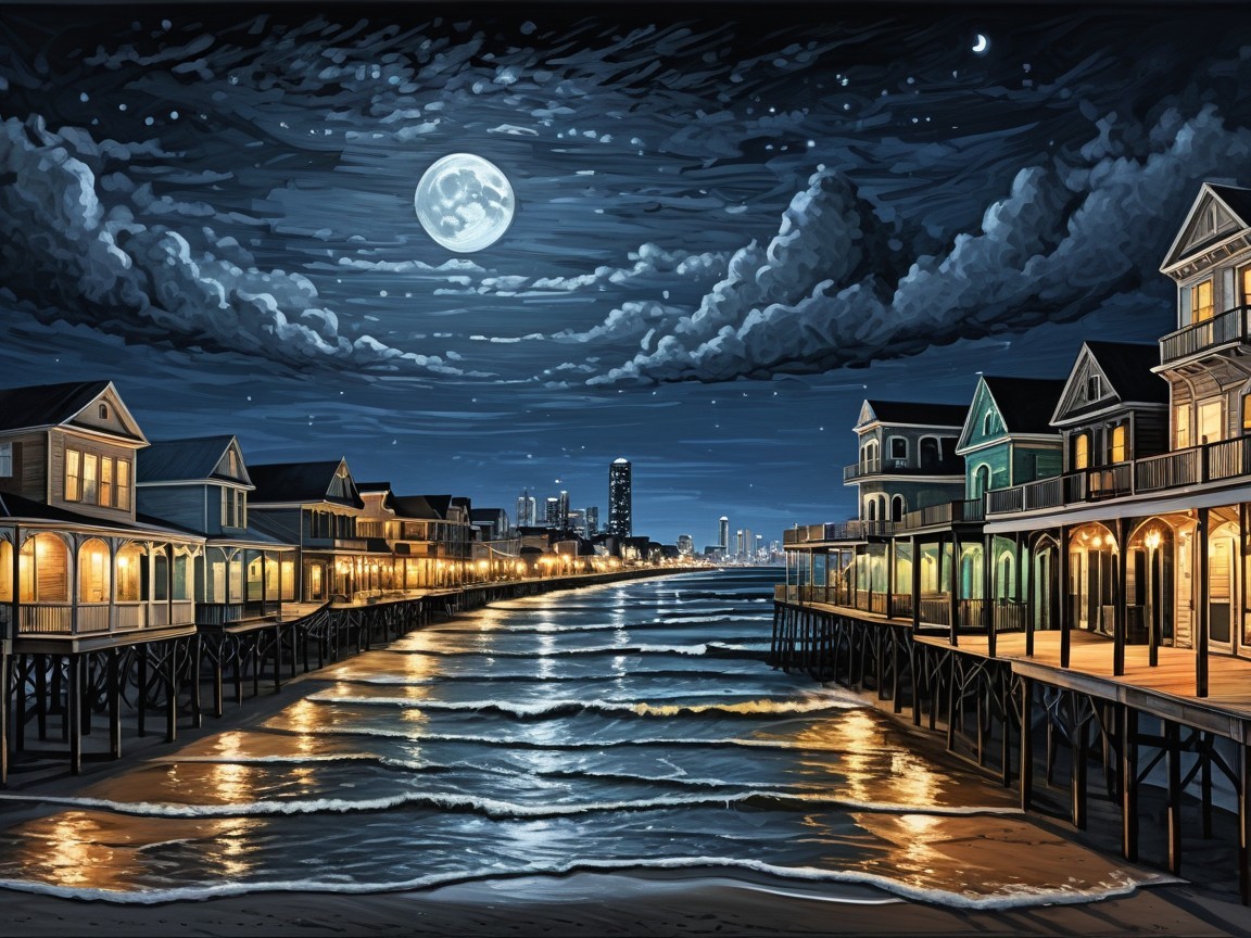 Serene Night Ocean Scene with Stilt Houses and Moonlight