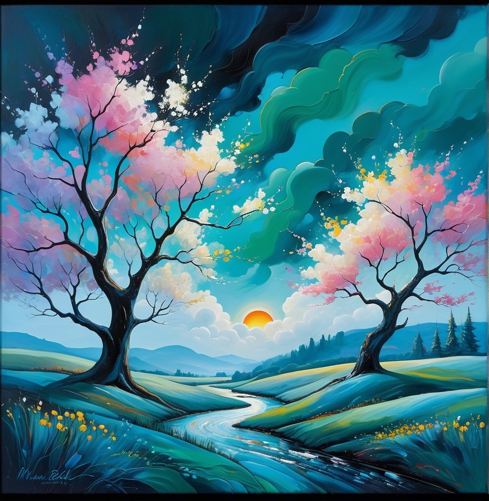 Cherry Blossom Trees by a Winding River at Sunset