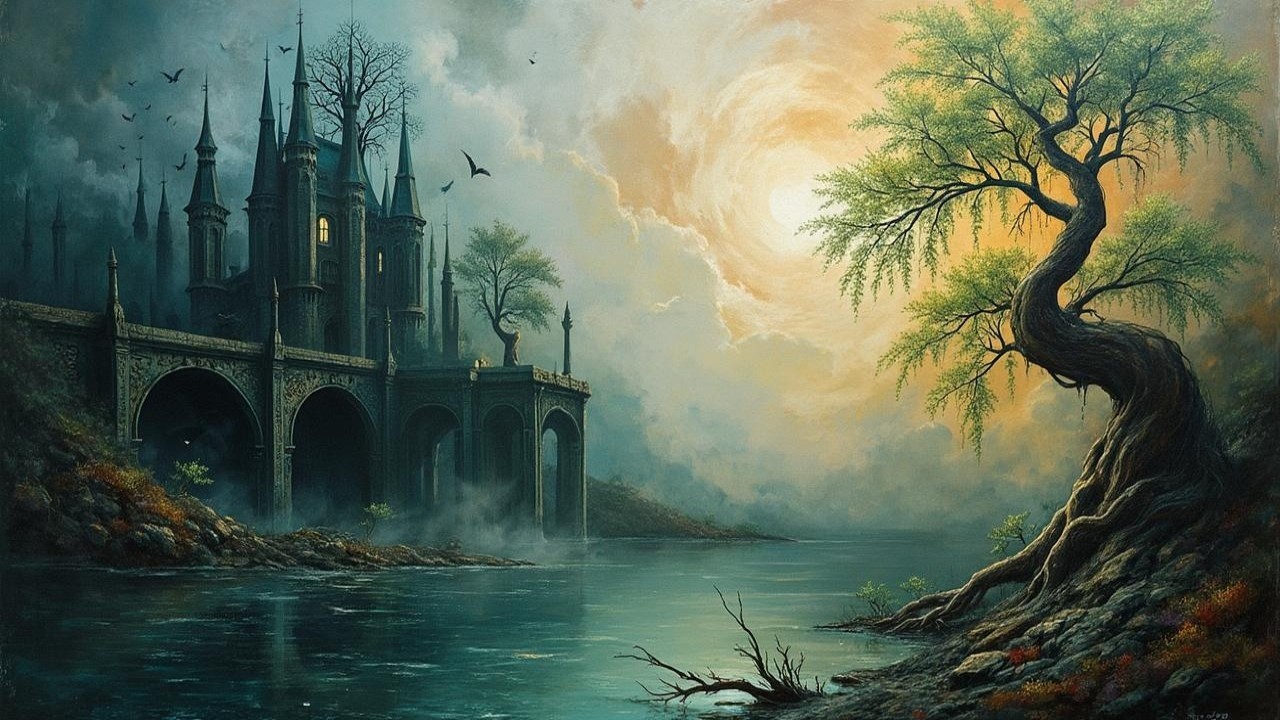 Mystical landscape with castle and shimmering lake