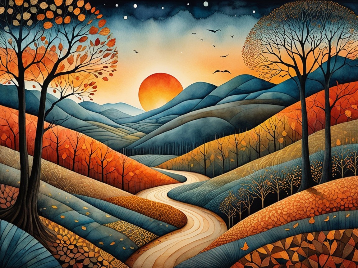 Vibrant Autumn Landscape with Rolling Hills and River