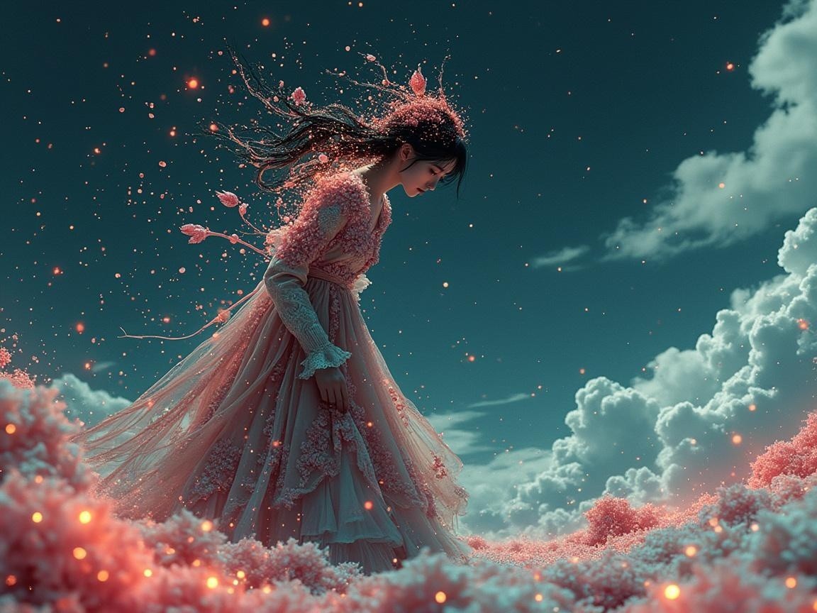 Young woman in gown amidst surreal pink blossoms