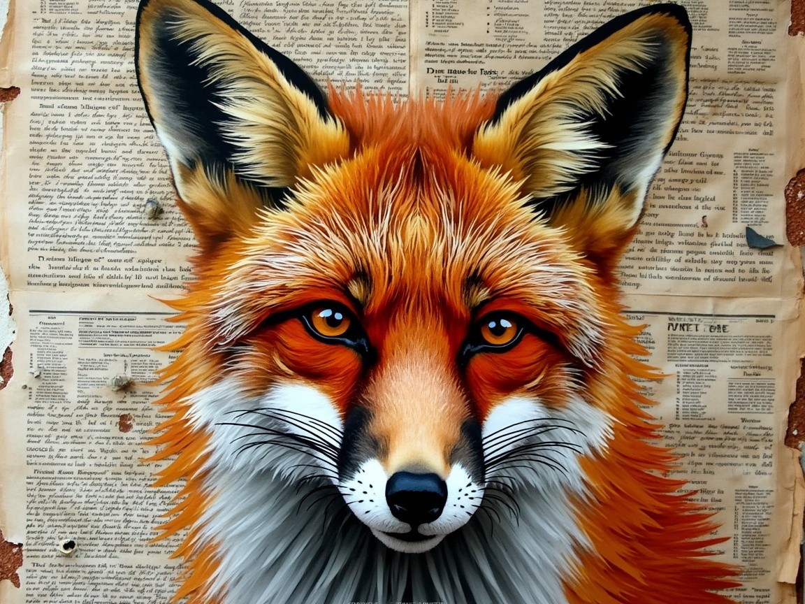 Detailed Illustration of a Fox's Face on Newspaper Background