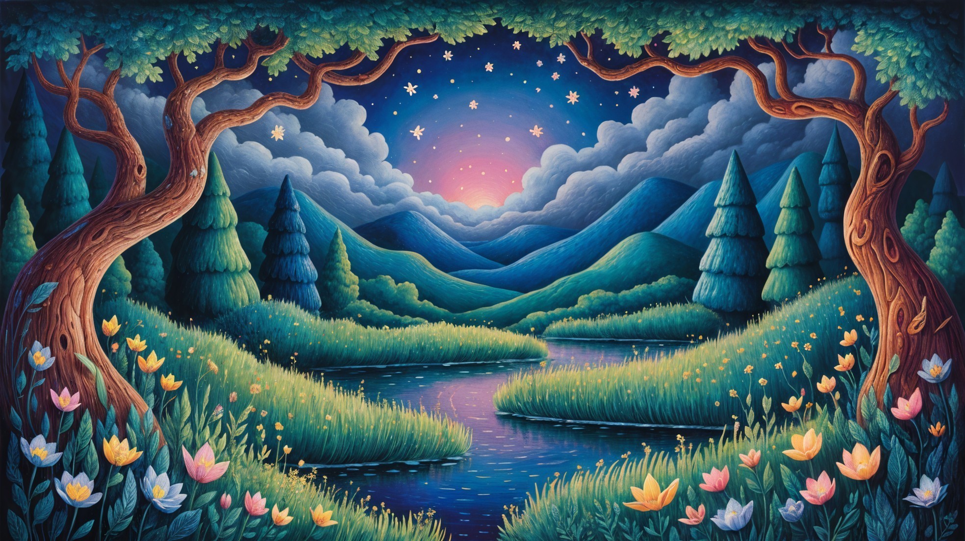 Vibrant Trees and Tranquil River in Serene Landscape