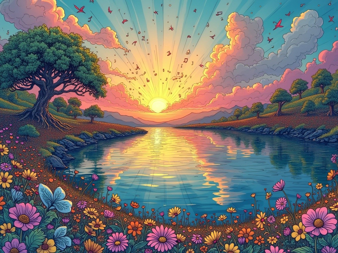 Vibrant Landscape with River and Colorful Sunset Sky