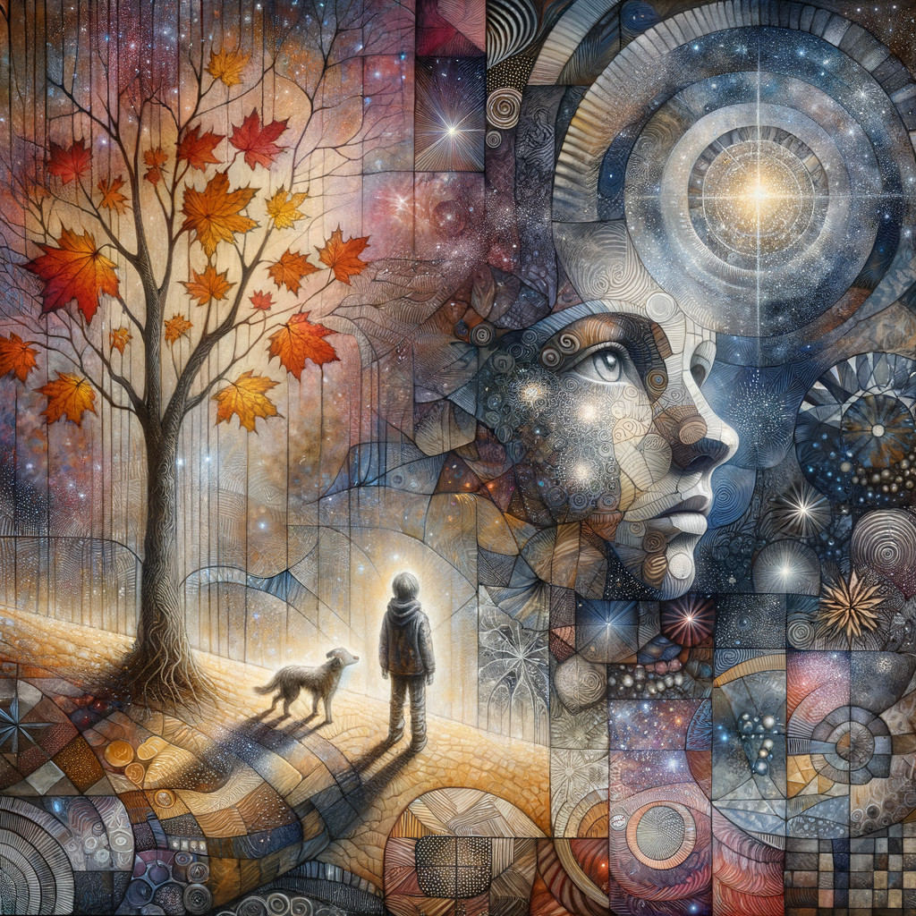 Child and Dog in Cosmic Autumn Landscape