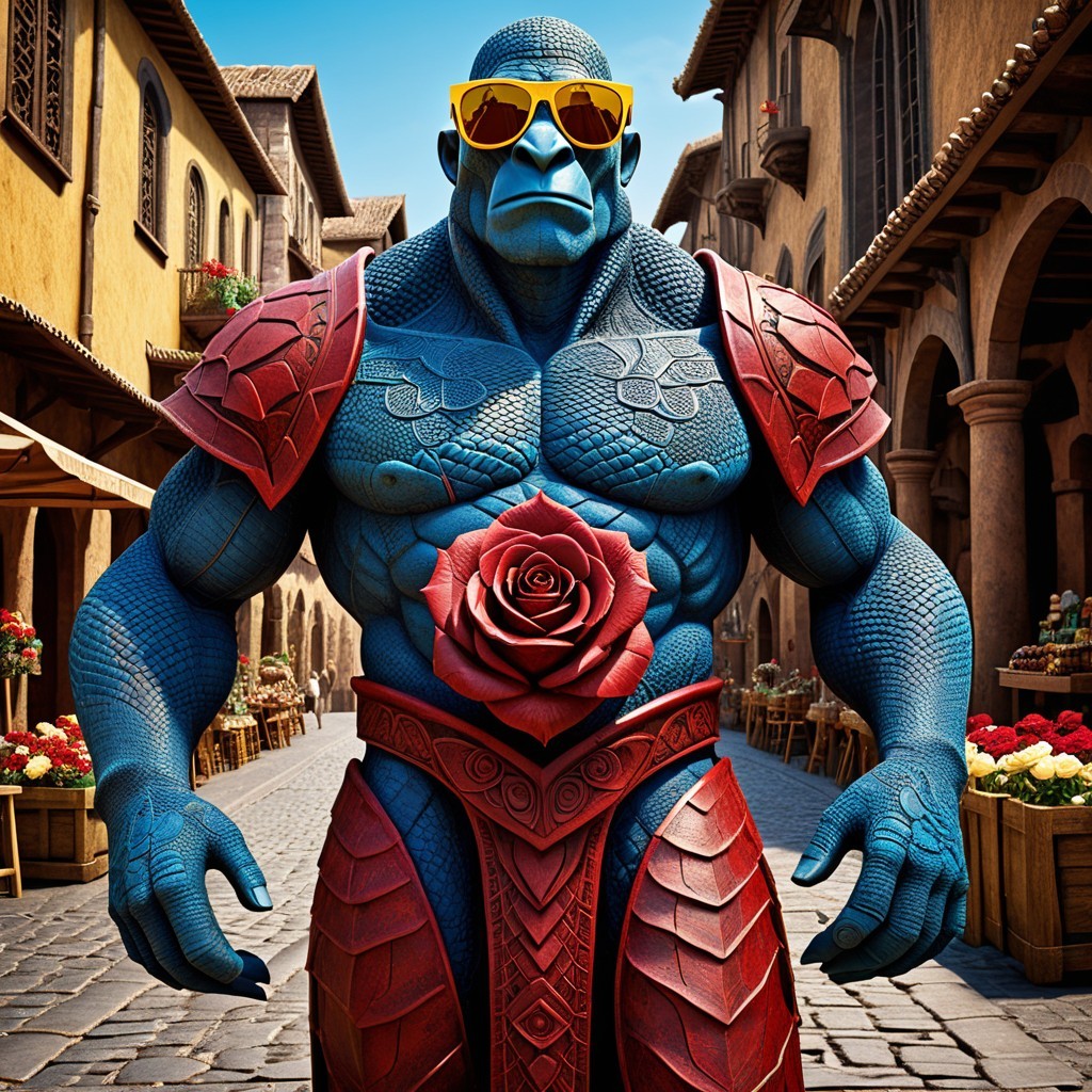 Muscular Blue-Skinned Character in Vibrant Marketplace