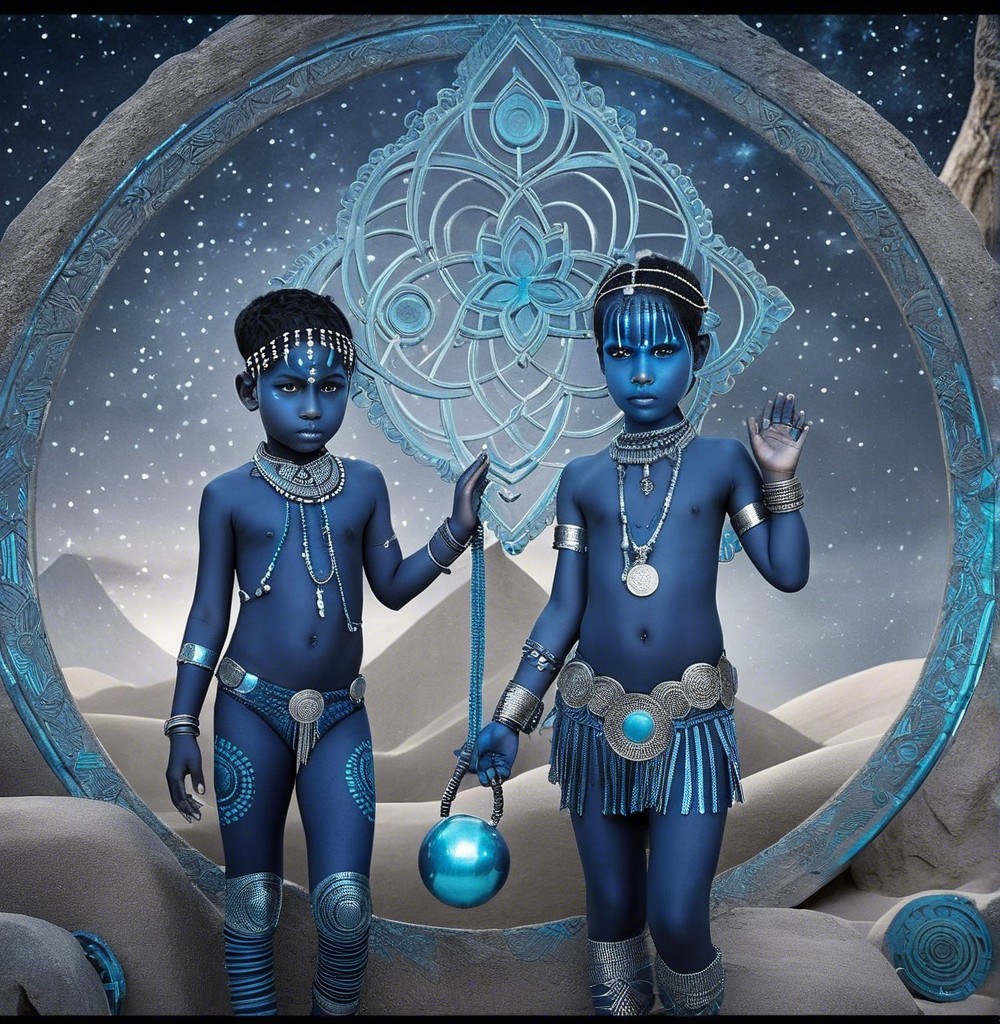 Children in Fantasy Setting with Blue Tones and Jewelry