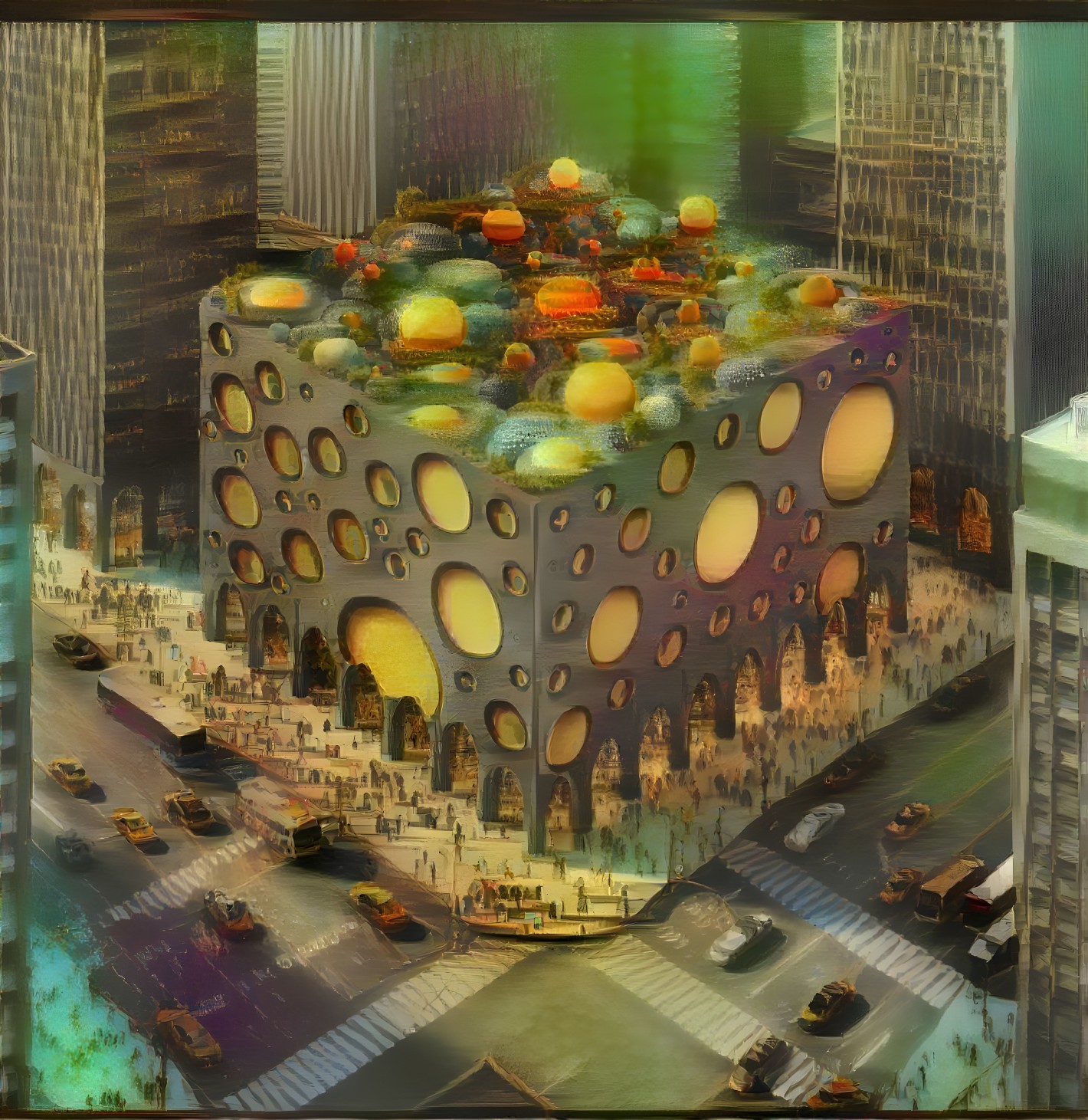 Futuristic Urban Scene with Cube-Shaped Building