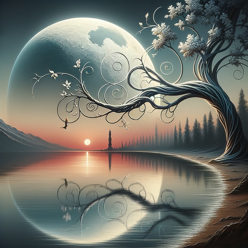 Surreal Landscape with Moon, Lake, and Lighthouse