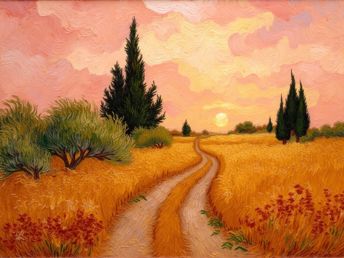 Winding Dirt Path Through Wheat Field at Sunset