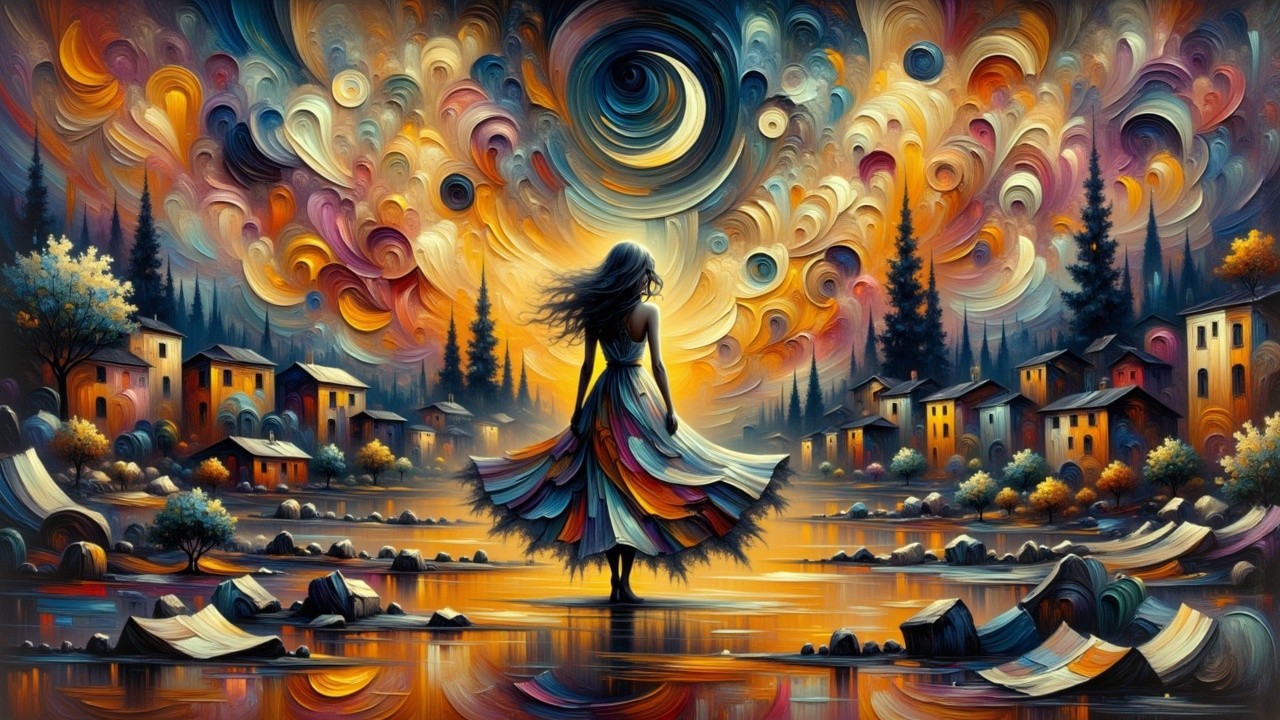 Woman in Colorful Dress by Tranquil Water's Edge