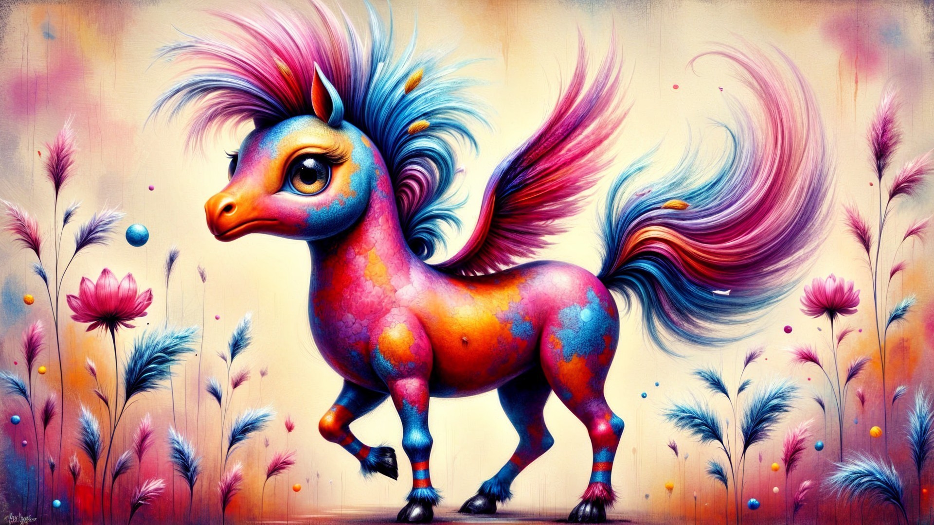 Vibrant Winged Pony Surrounded by Colorful Flowers