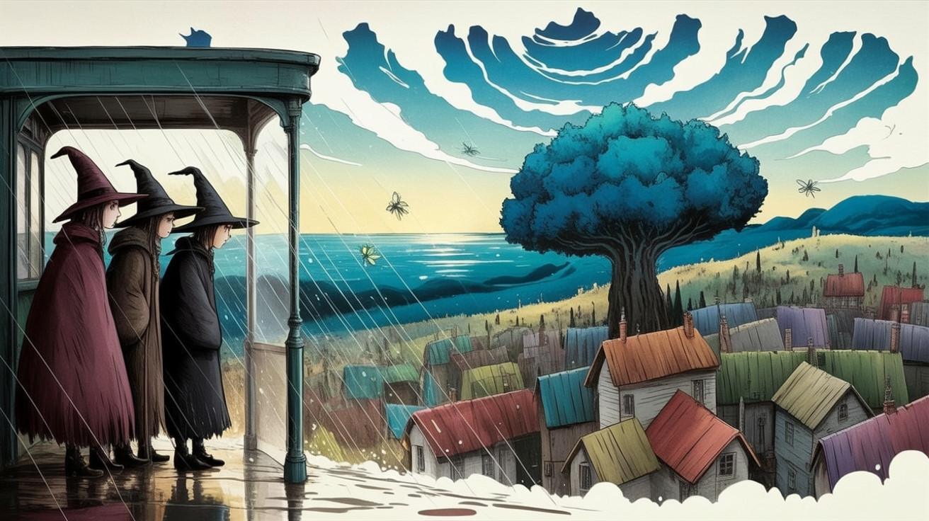 Whimsical Landscape with Cloaked Figures and Village View