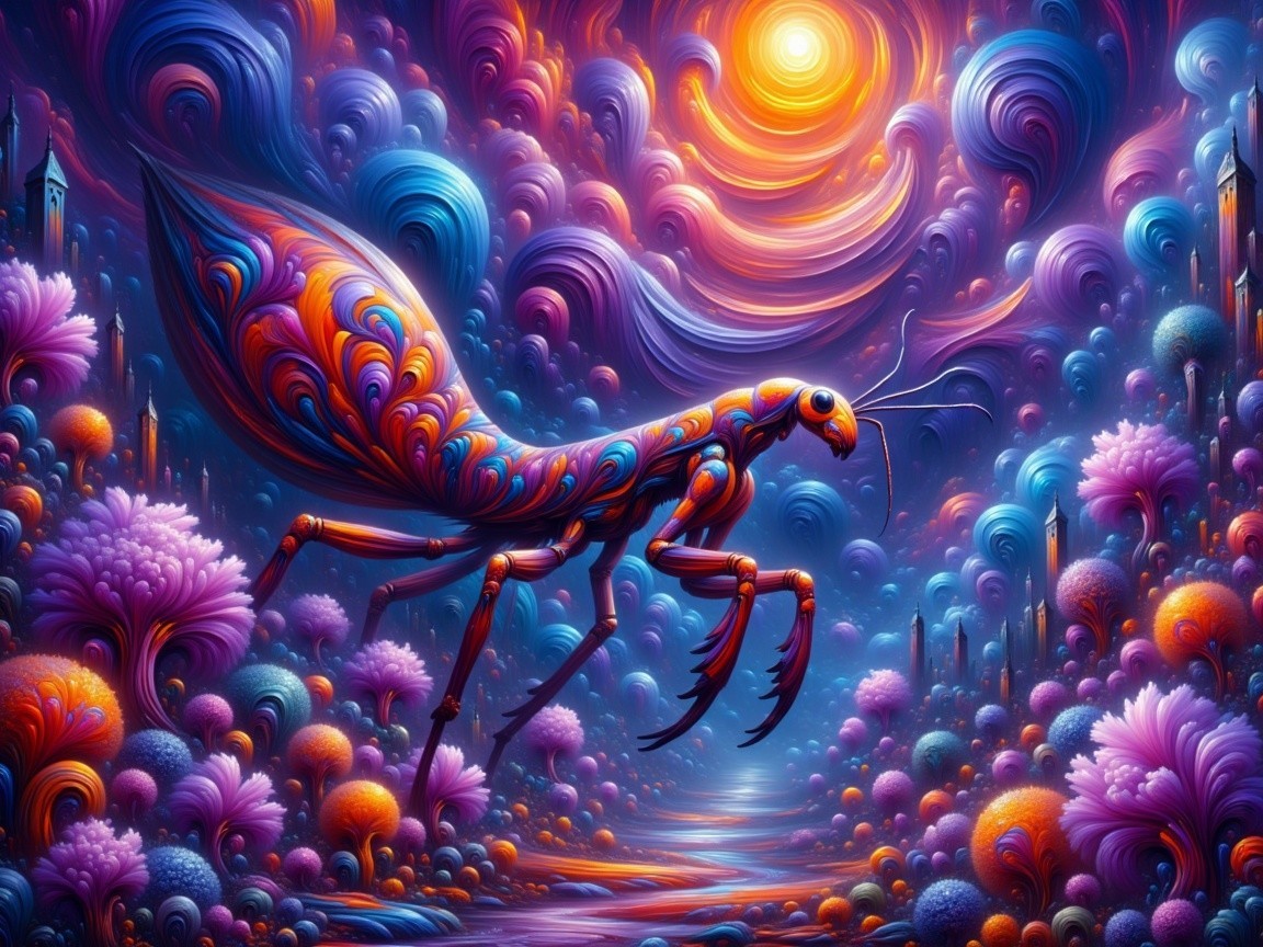 Abstract Insect Art with Colorful Flora and Landscapes