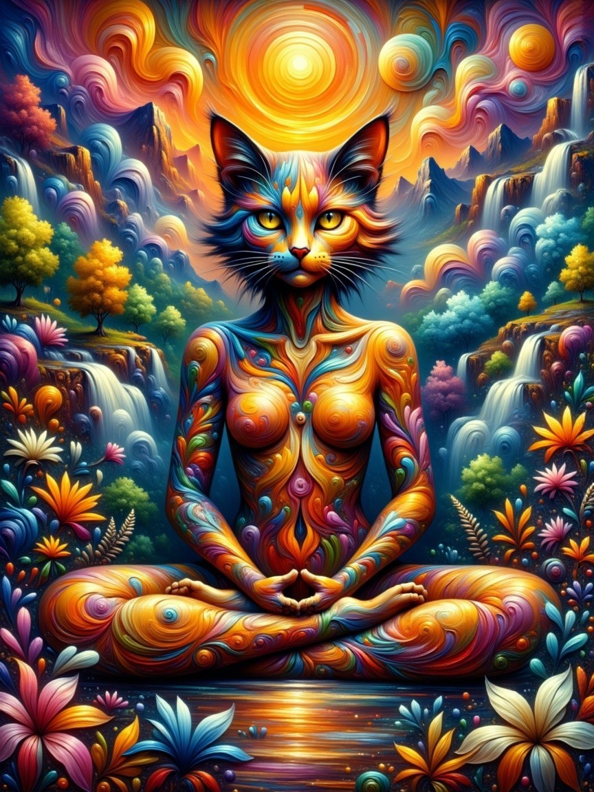 Surreal Artwork of a Cat-Headed Figure Meditating