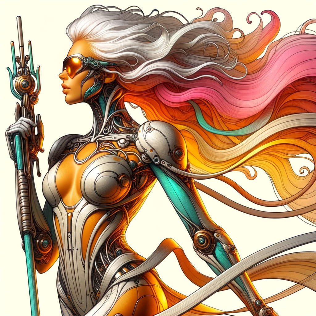 Futuristic humanoid figure with organic and robotic traits