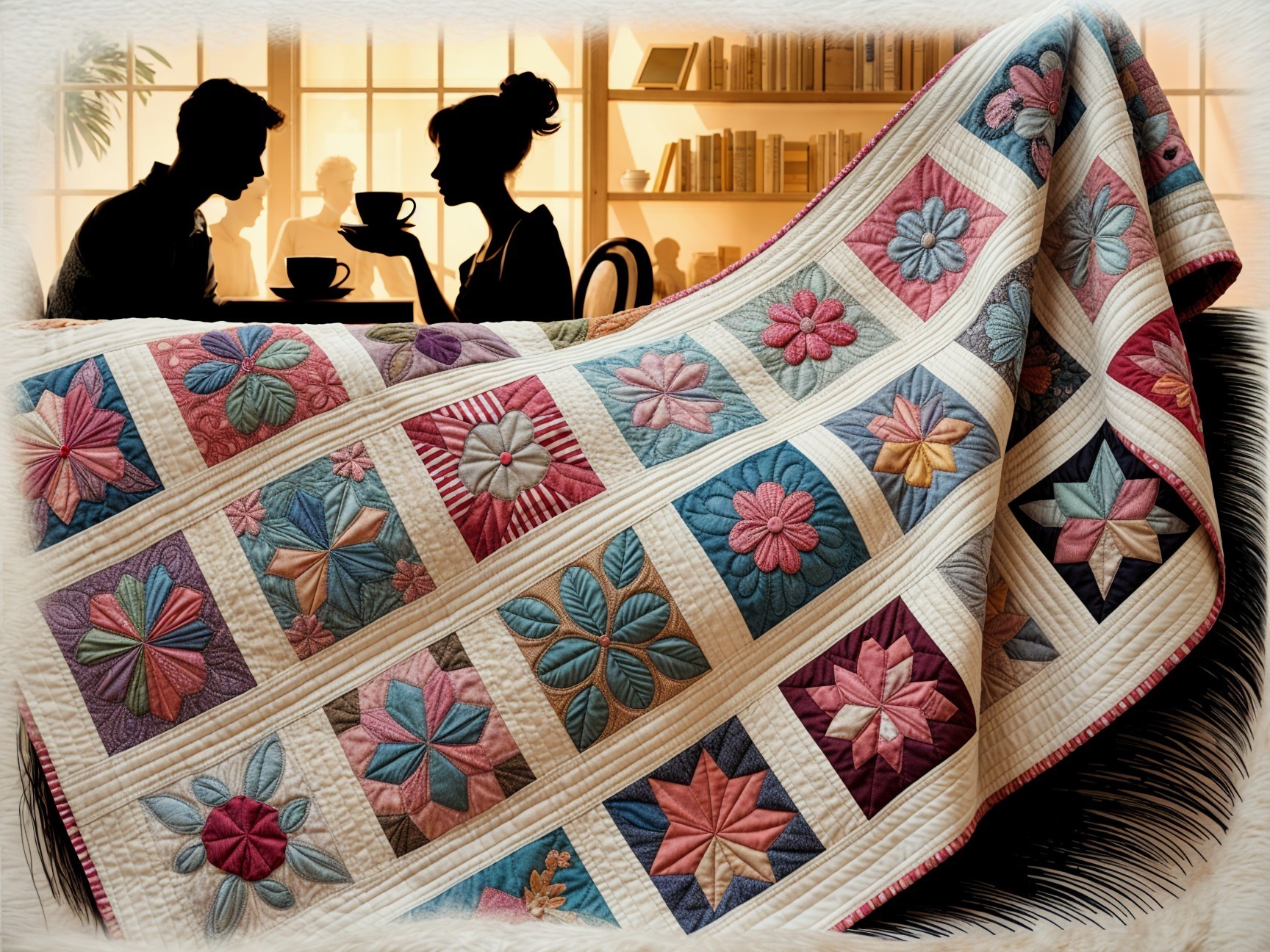 Quilt with Floral Patterns and Café Setting Description