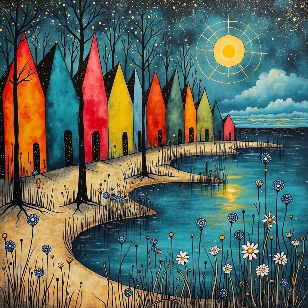 Whimsical Landscape with Colorful Houses and Shoreline