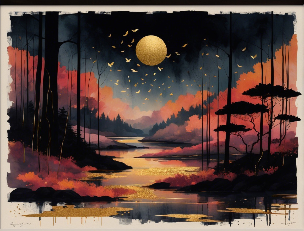 Tranquil River Landscape Under a Golden Moon