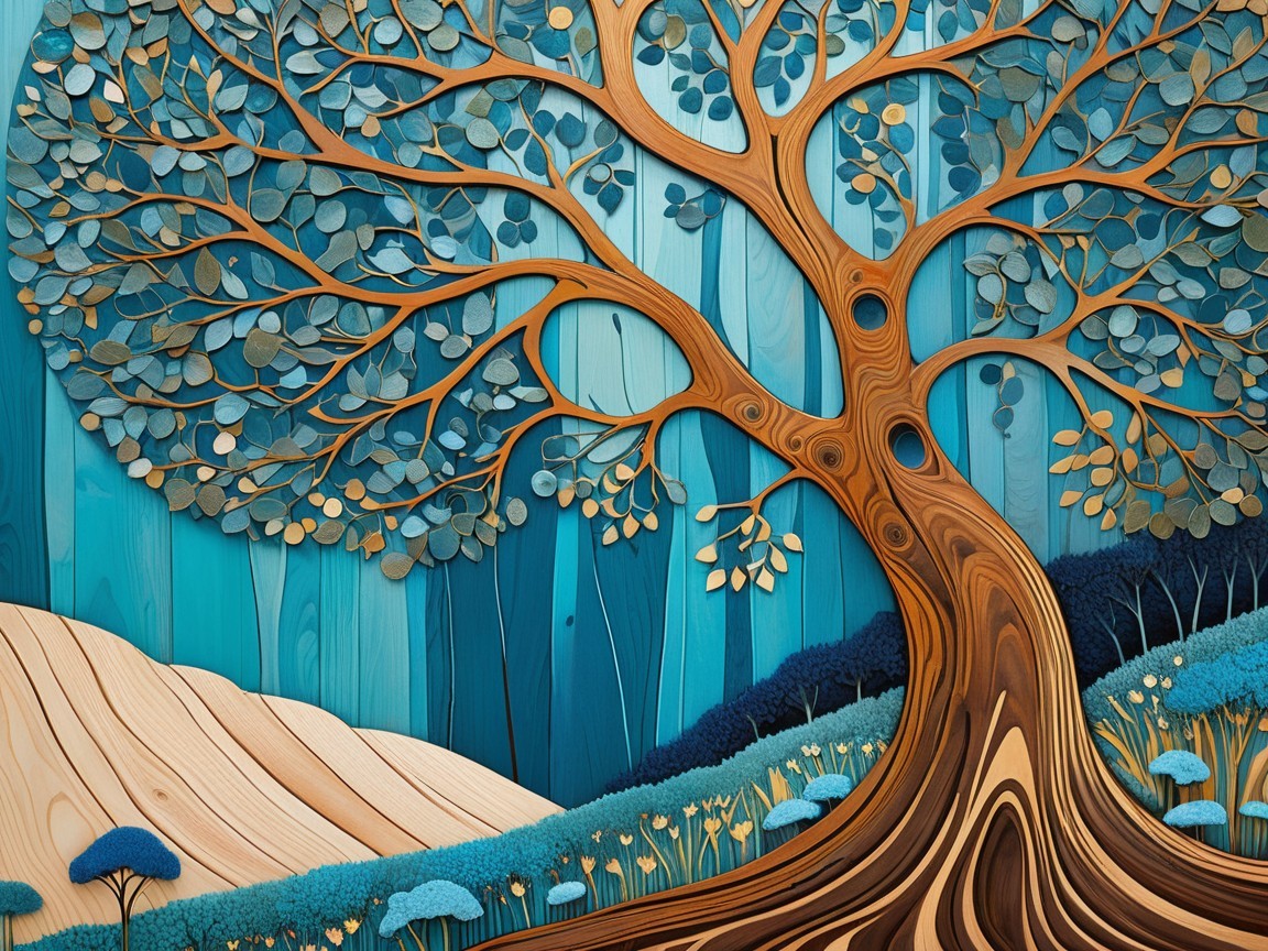 Layered Wood and Paper Tree in Serene Landscape