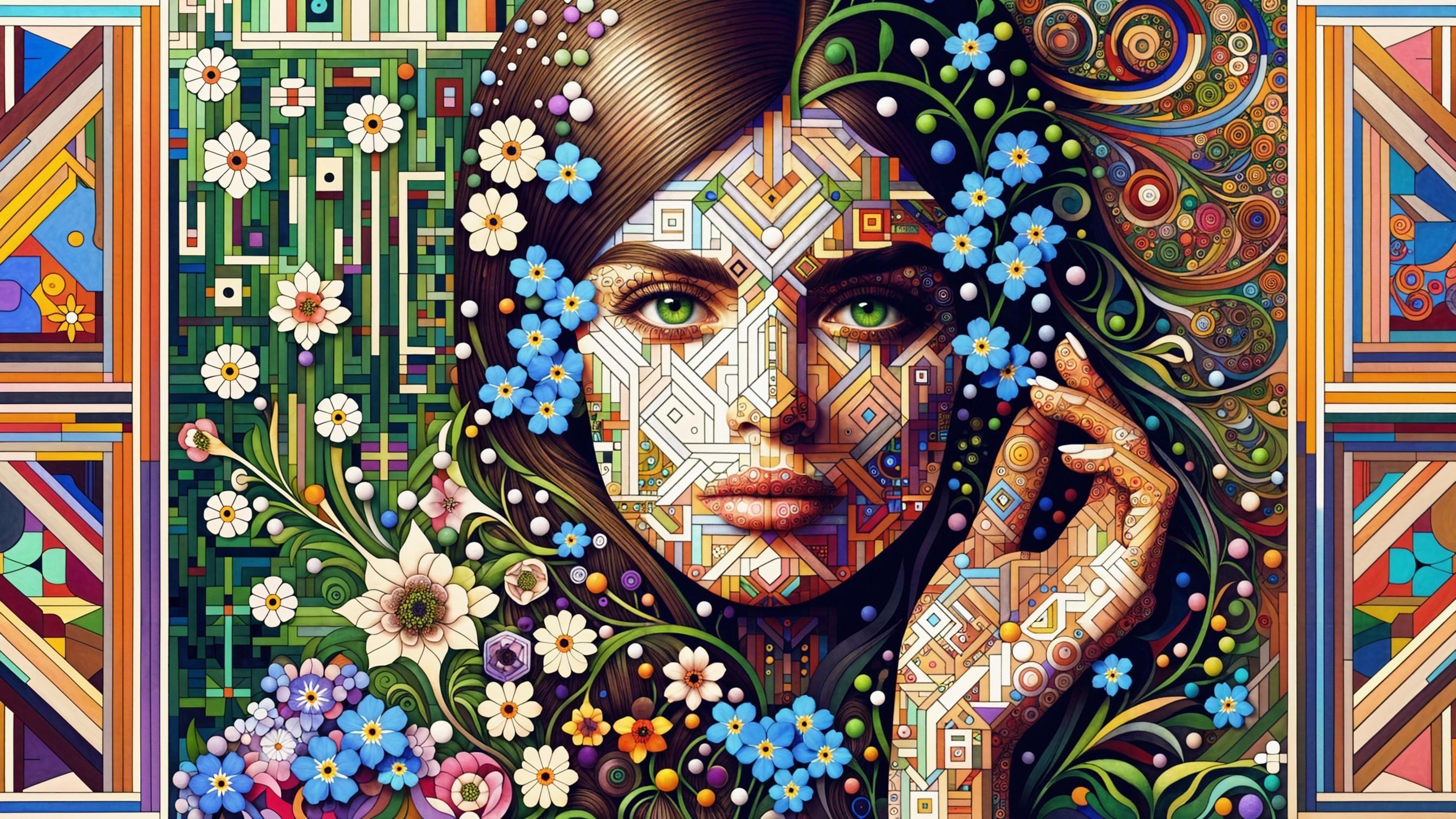 Vibrant Geometric Portrait of a Woman with Floral Elements