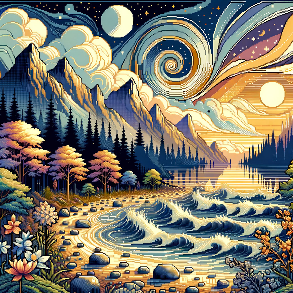 Vibrant Pixel Art Landscape with Mountains and River