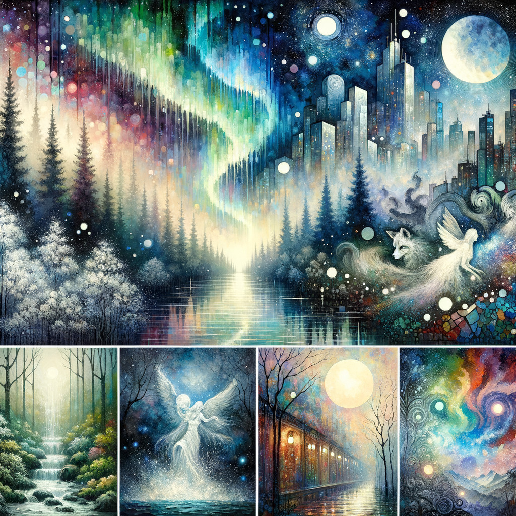 Vibrant Night Sky with Ethereal Beings and Cityscape