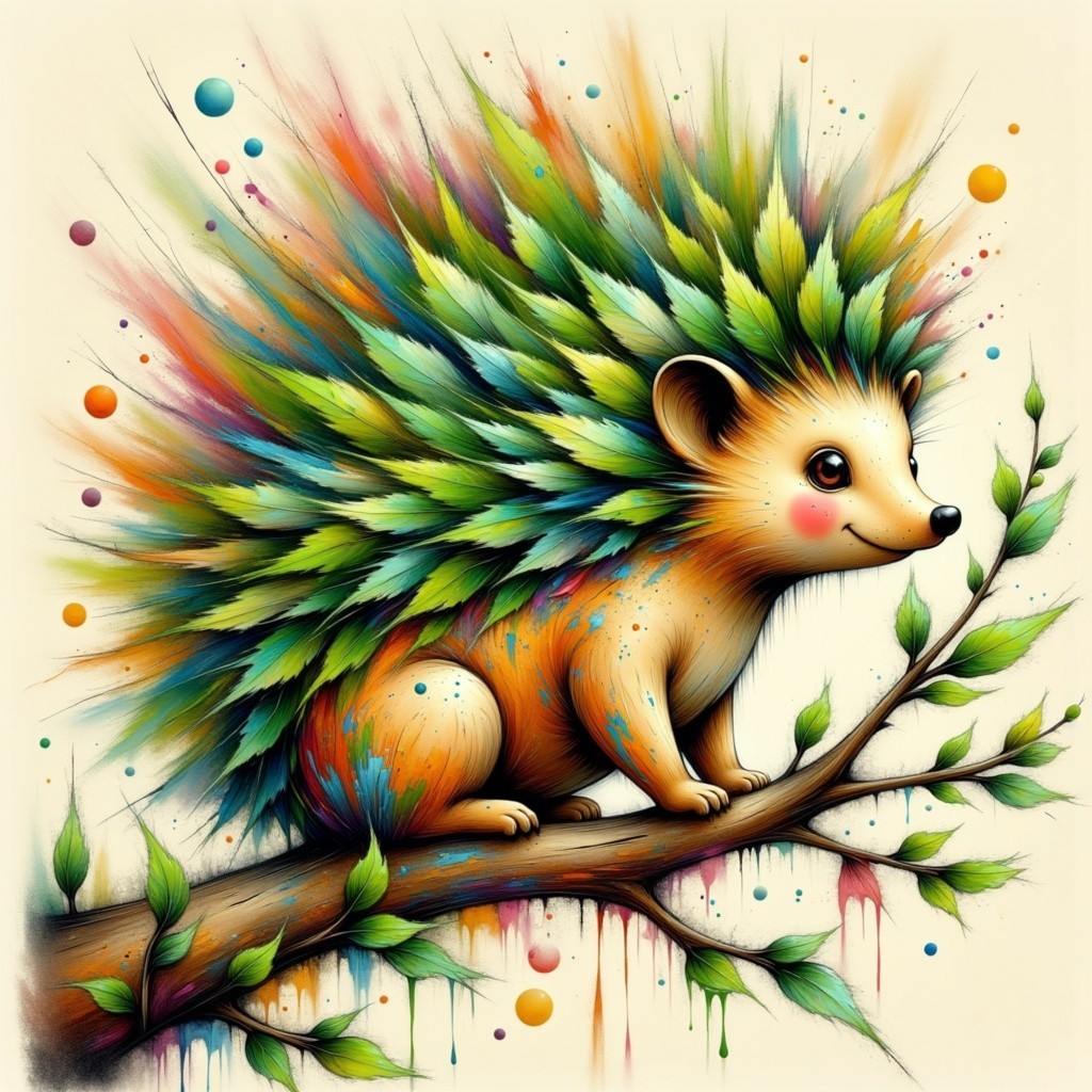 Whimsical Hedgehog on Branch with Colorful Foliage