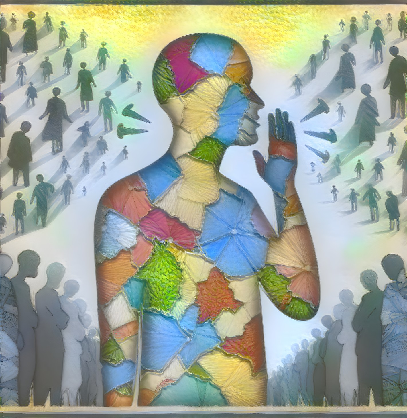 Faceless Figure in Colorful Textures with Silhouettes