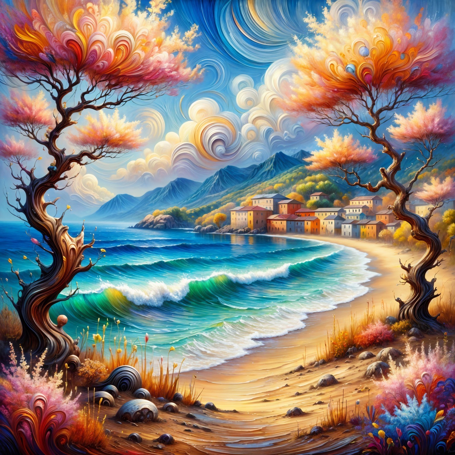 Vibrant Beach Landscape with Whimsical Trees and Homes