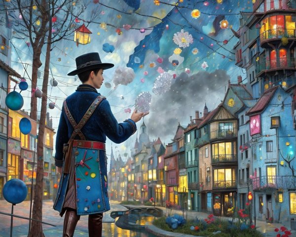 Whimsical Town with Magic Under Starry Sky