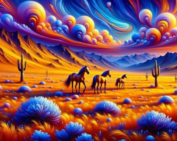 Horses in a Colorful Desert Landscape with Mountains