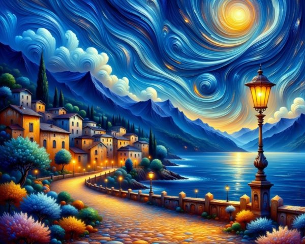 Vibrant Night Sky Over Serene Lake and Quaint Houses