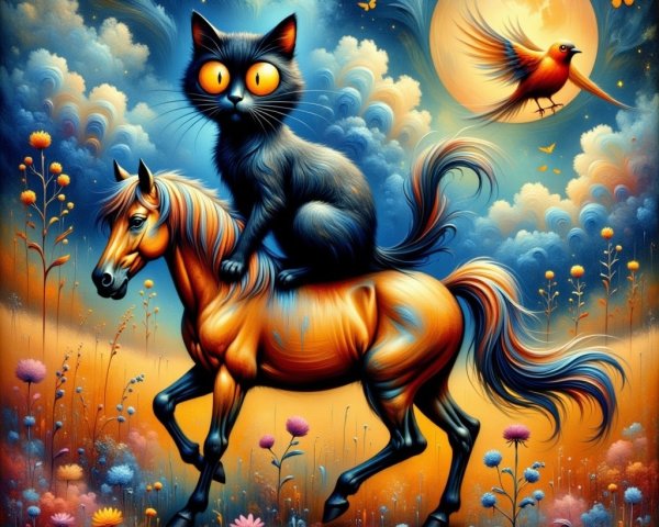Surreal landscape with a cat on an orange horse