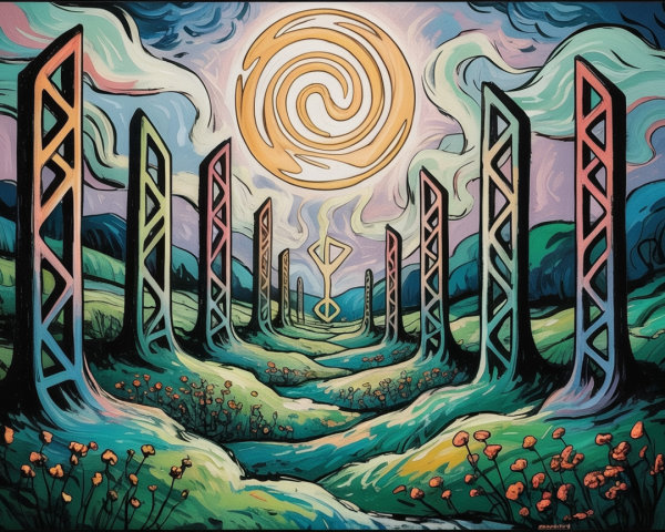 Vibrant Whimsical Landscape with Pillars and Hills