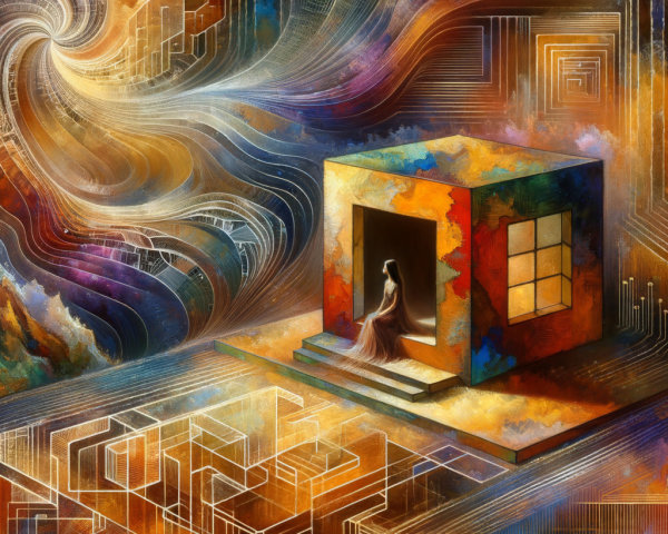 Surreal Landscape with Colorful Cube House and Figure