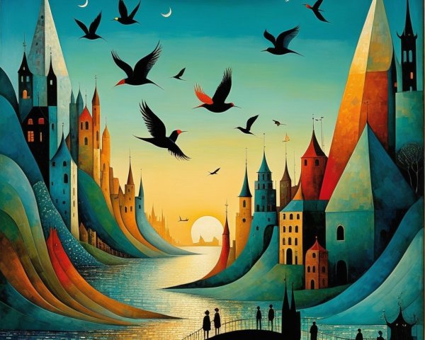Whimsical Landscape with Colorful Buildings and River