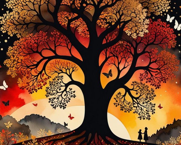 Majestic tree with vibrant leaves at sunset